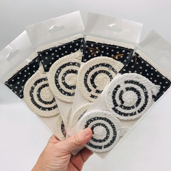 Rope Car Coasters Boho Black and White Dots One Set of 2 For Car Cup Holders - Picture 1 of 4